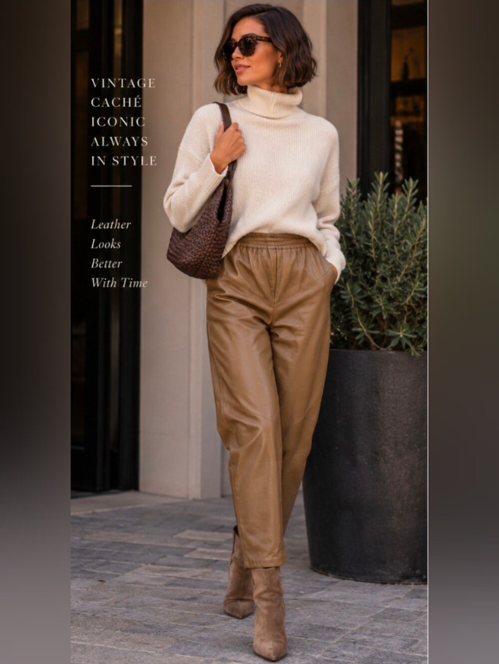 Vtg Cache 100% Leather Pants Elastic Waist Pull Straight Leg In Camel Sz Large